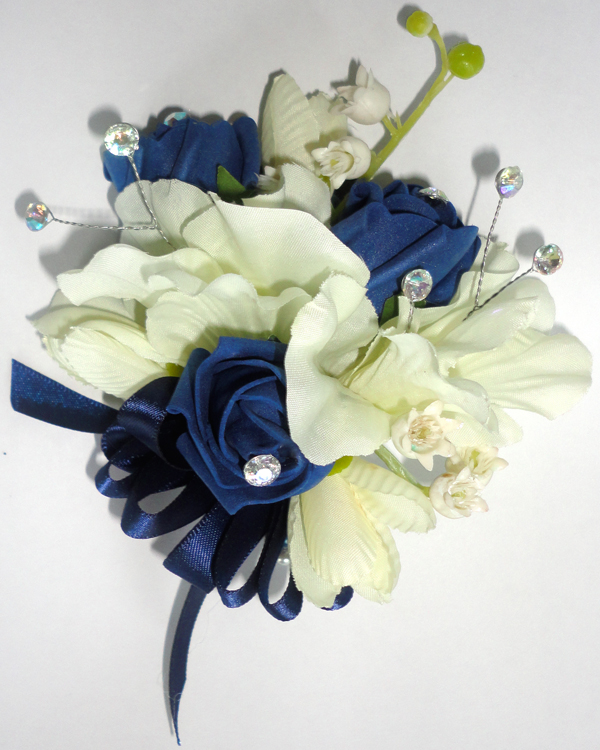 Navy Blue & Cream Freesia & Rose Bud Corsage with Lily of The Valley & Crystal Sprays